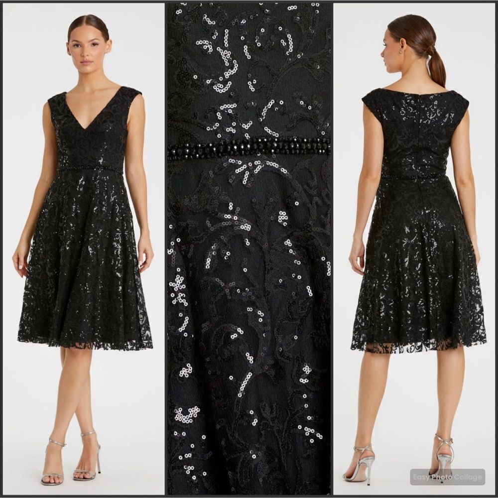 NWT Mac Duggal  Sequin Cap Sleeve V Neck Dress Black